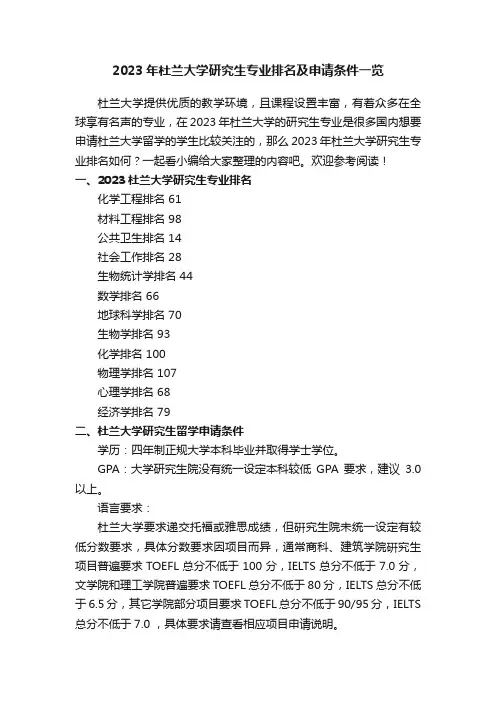 2023年杜兰大学研究生专业排名及申请条件一览