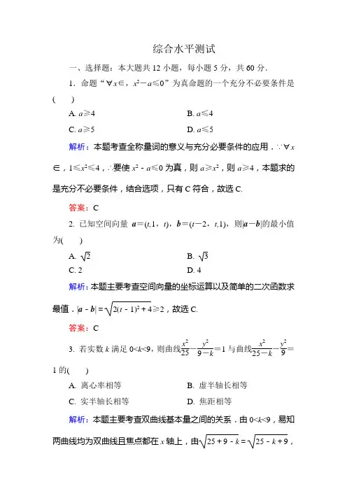 人教版数学高二-人教B版选修2-1练习 综合水平测试