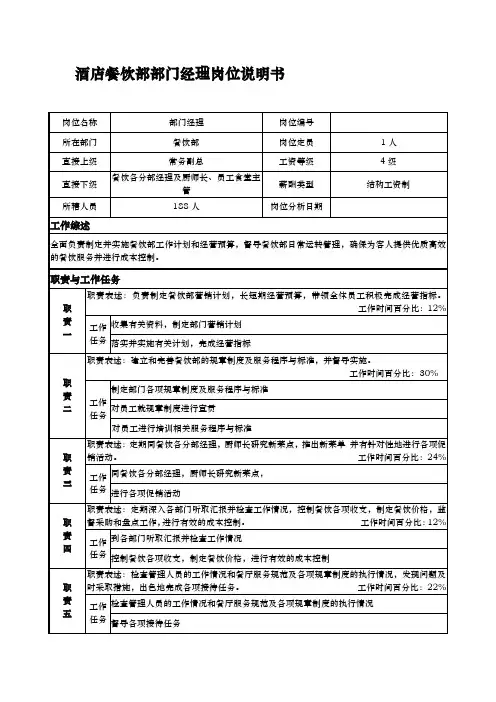 酒店餐饮部部门经理岗位说明书文档