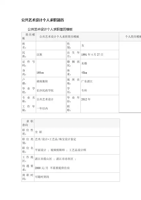 公共艺术设计个人求职简历