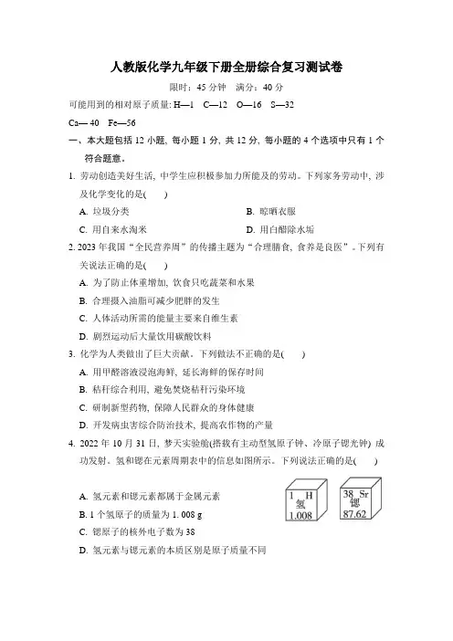人教版化学九年级下册全册综合复习测试卷