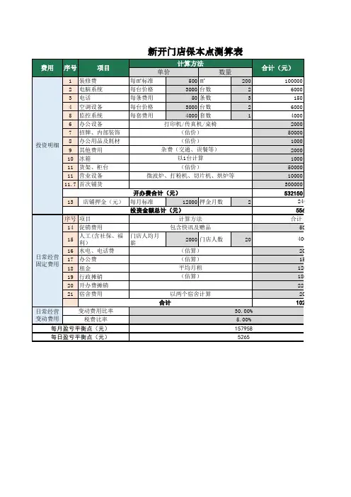 3餐厅盈亏平衡点计算表