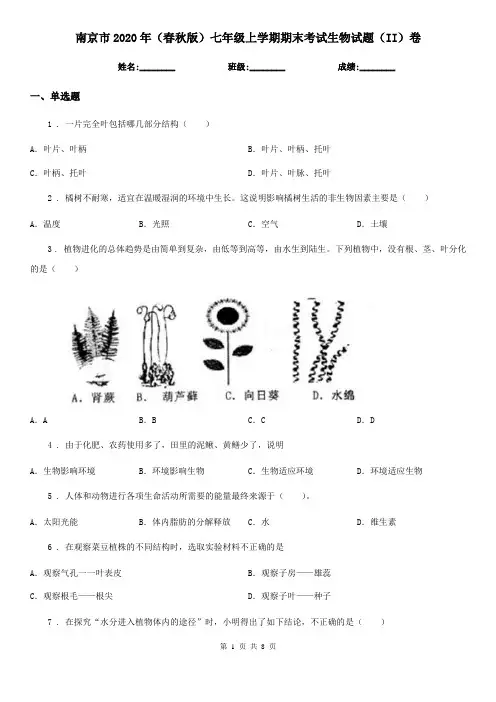 南京市2020年(春秋版)七年级上学期期末考试生物试题(II)卷