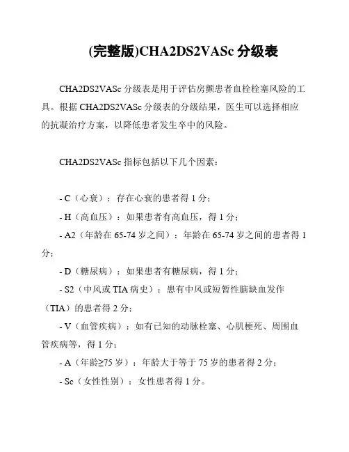 (完整版)CHA2DS2VASc分级表