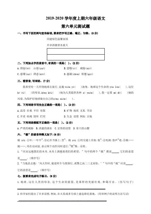 人教统编版2019-2020学年六年级语文上册第六单元测试卷 (含答案)