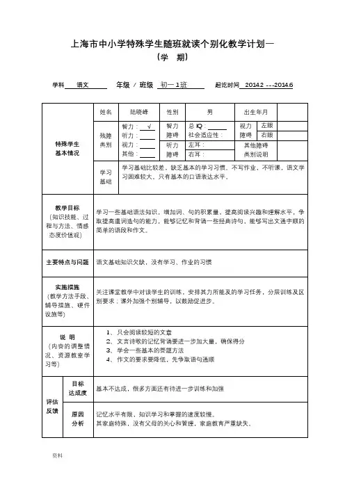 随班就读个别化教学计划-薛佩鸣