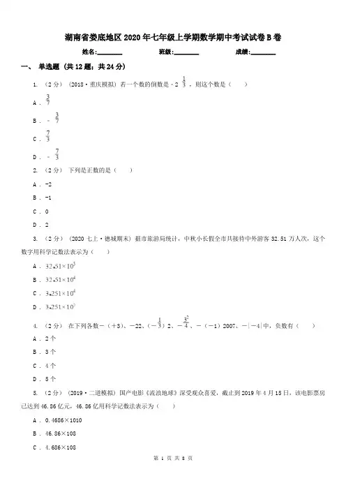 湖南省娄底地区2020年七年级上学期数学期中考试试卷B卷