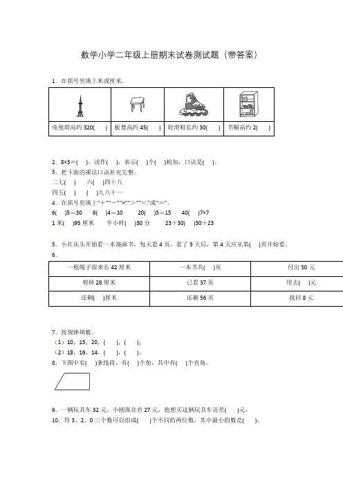 数学小学二年级上册期末试卷测试题(带答案)