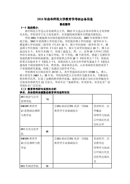 【免费下载】曲阜师范大学教育学考研必备信息
