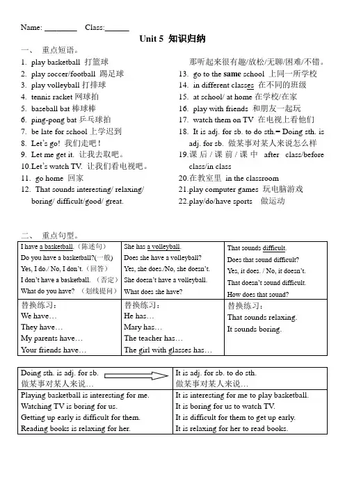 Unit 5 知识归纳人教版英语七年级上册