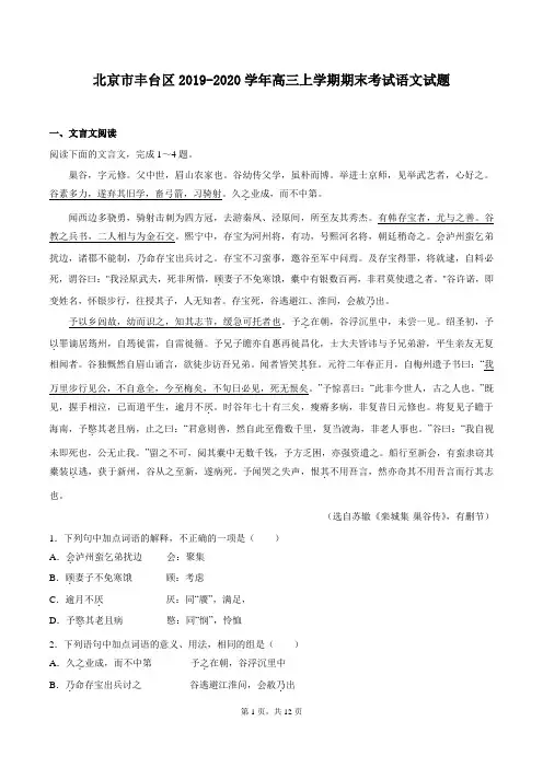 北京市丰台区2019-2020学年高三上学期期末考试语文试题