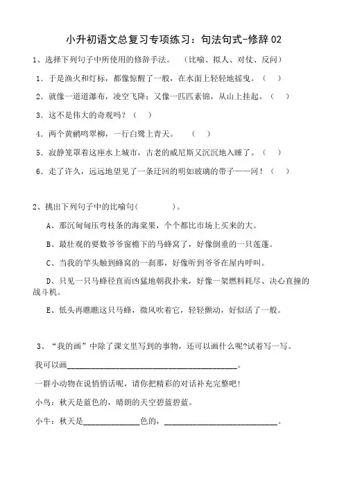 小升初语文总复习专项练习：句法句式-修辞02(附答案)