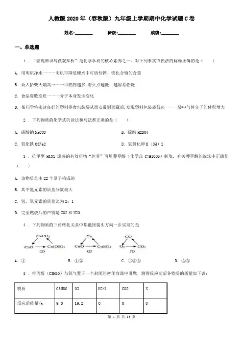 人教版2020年(春秋版)九年级上学期期中化学试题C卷(测试)