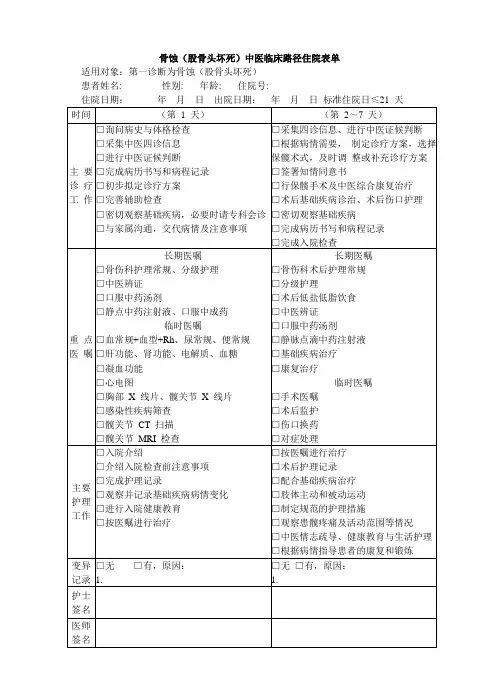 骨蚀(股骨头坏死)中医临床路径表单