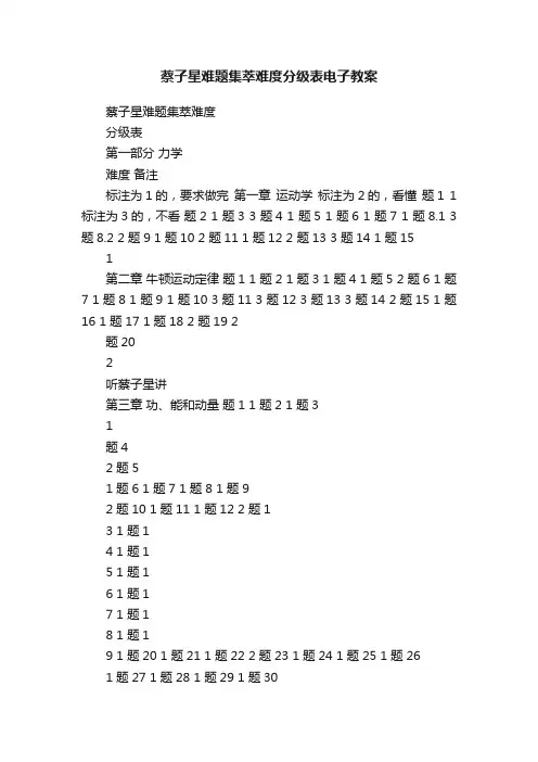 蔡子星难题集萃难度分级表电子教案