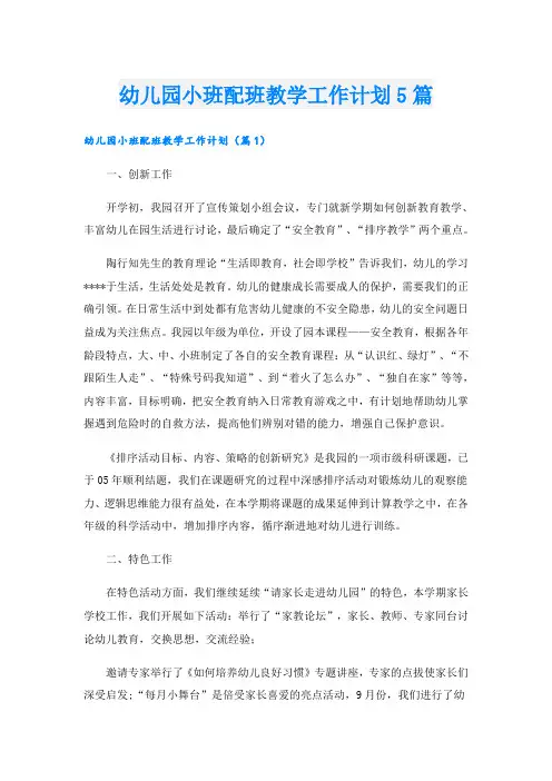 幼儿园小班配班教学工作计划5篇