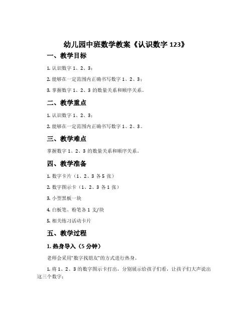 幼儿园中班数学教案《认识数字123》含反思