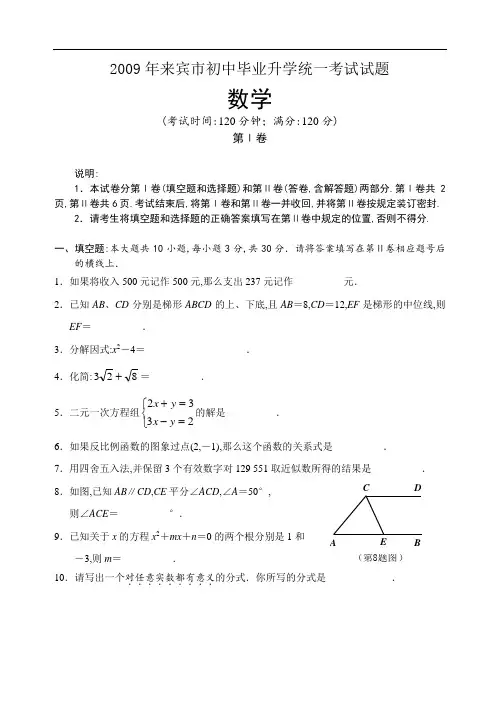 2009年中考数学试卷及答案