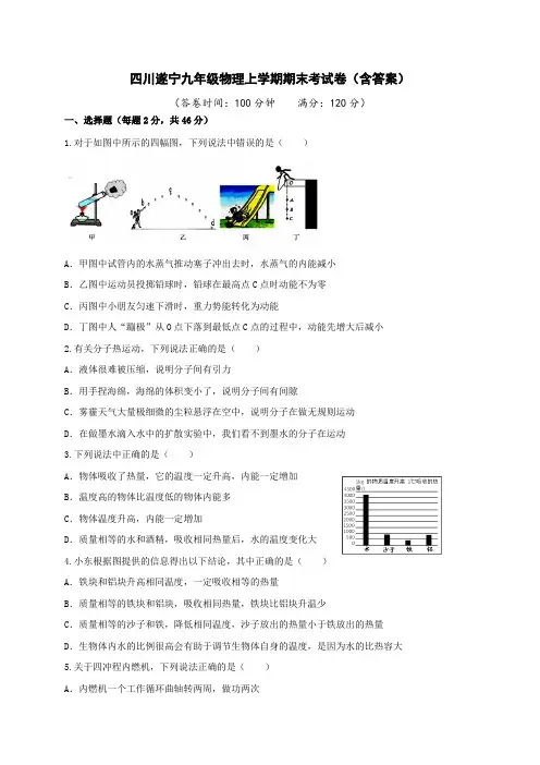 四川遂宁九年级物理上学期期末考试卷(含答案)