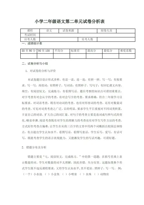 小学二年级语文第二单元试卷分析表[1]