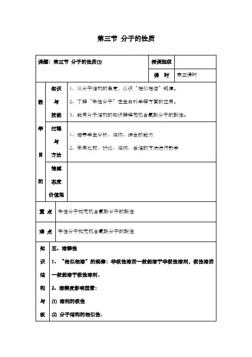 最新精编高中人教版选修三高中化学2.3分子的性质第三课时公开课优质课教学设计