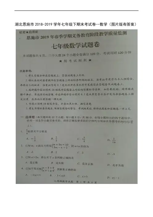 湖北省恩施市2018-2019学年七年级下学期期末考试数学试题(扫描版)