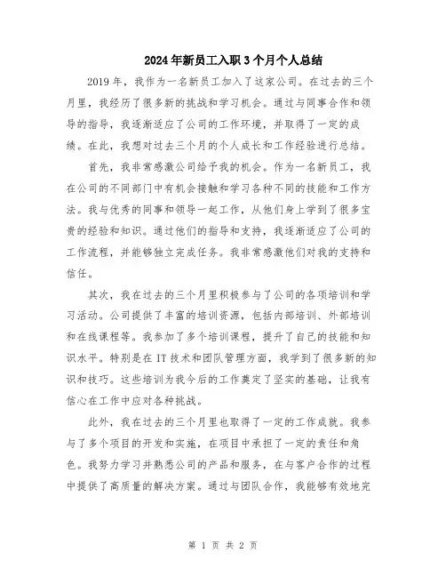 2024年新员工入职3个月个人总结