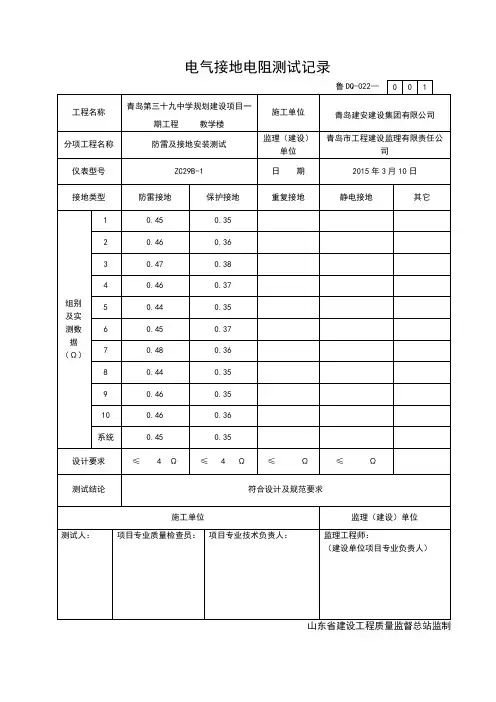 电气接地电阻测试记录