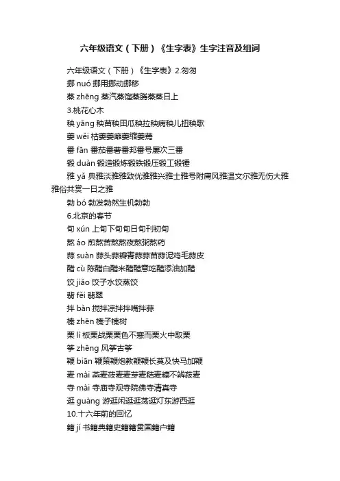 六年级语文（下册）《生字表》生字注音及组词