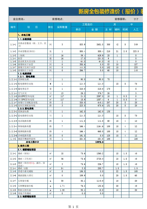 新房全包装修造价(报价)表