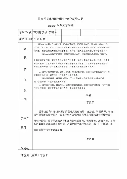 田东县油城学校学生违纪情况说明表格