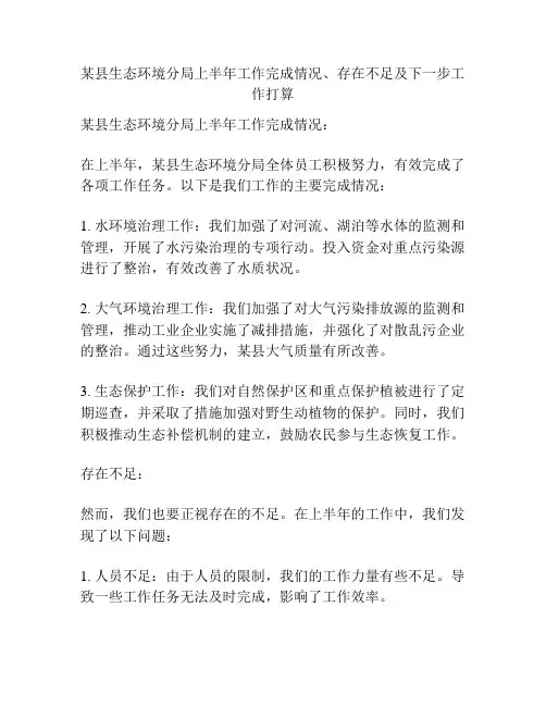 某县生态环境分局上半年工作完成情况、存在不足及下一步工作打算