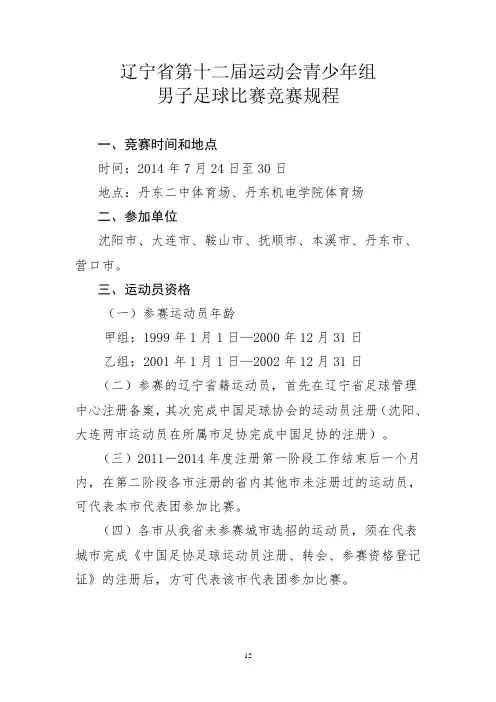 辽宁省第十二届运动会青少年组男子足球比赛竞赛规程