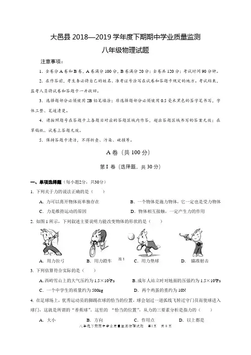 大邑县2018—2019学年八年级下期物理期中学业质量监测试题(含答案)