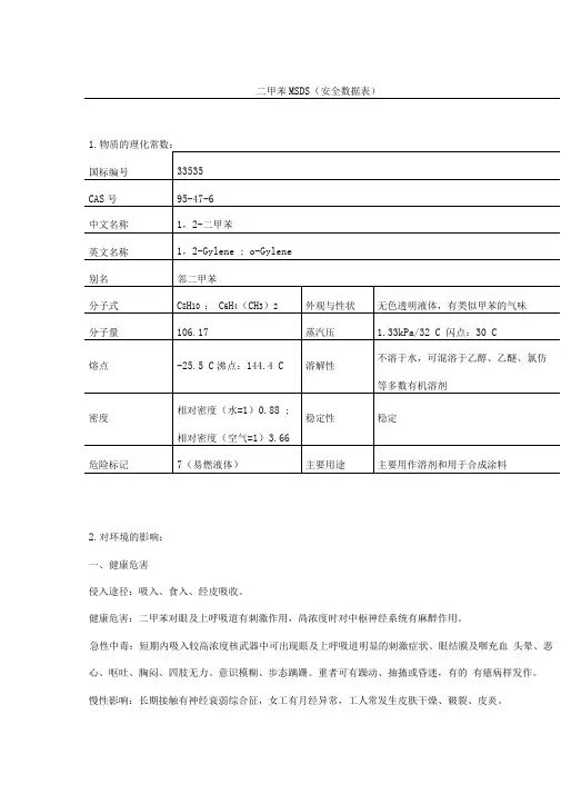 二甲苯安全数据表(MSDS)