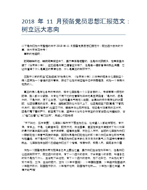 2018年11月预备党员思想汇报范文：树立远大志向