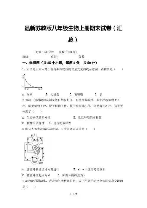 最新苏教版八年级生物上册期末试卷(汇总)