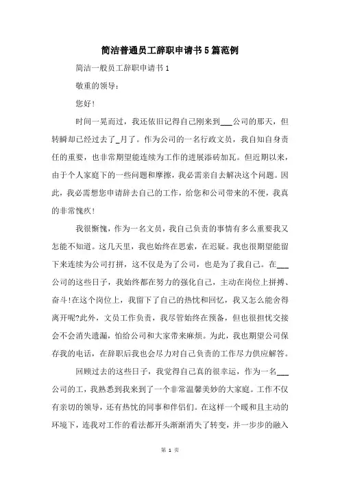 简洁普通员工辞职申请书5篇范例