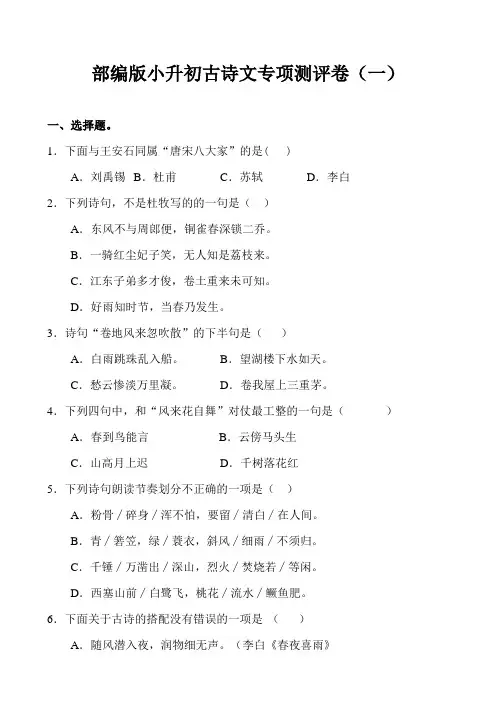 最新统编-部编人教版语文：小升初古诗文专项测评卷(一)含答案