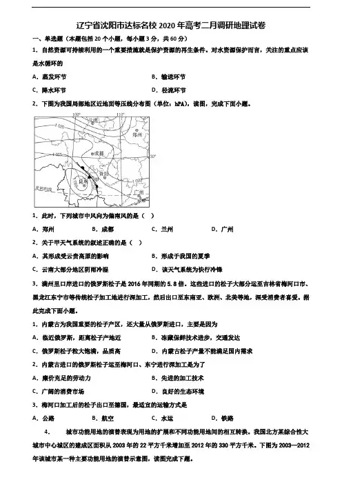 辽宁省沈阳市达标名校2020年高考二月调研地理试卷含解析
