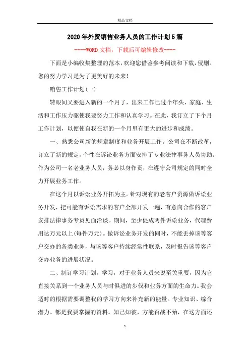 2020年外贸销售业务人员的工作计划5篇