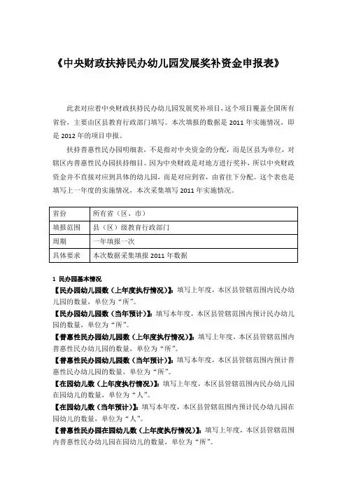 中央财政扶持民办幼儿园发展奖补资金申报表