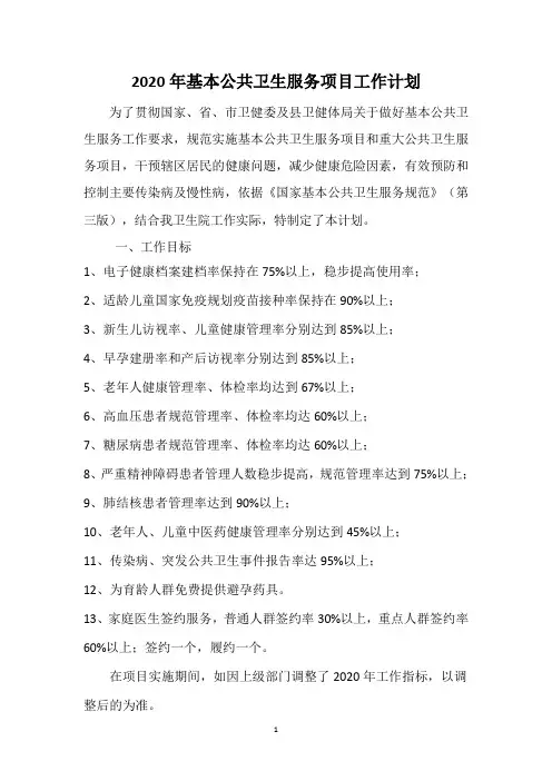 2020年基本公共卫生服务工作计划
