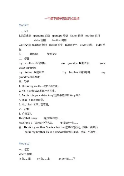 一年级下册外研版英语知识点总结