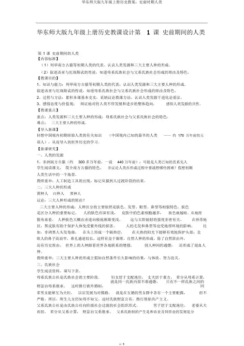 华东师大版九年级上册历史教案：史前时期人类