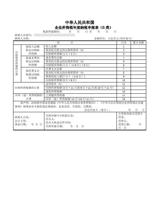 中华人民共和国企业所得税年度纳税申报表(B类)