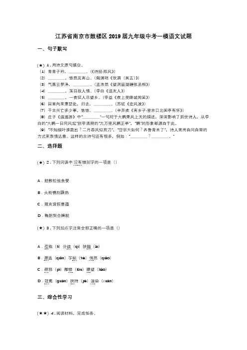 江苏省南京市鼓楼区2019届九年级中考一模语文试题