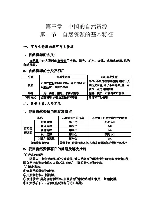 八年级地理第三章《中国的自然资源》学习笔记