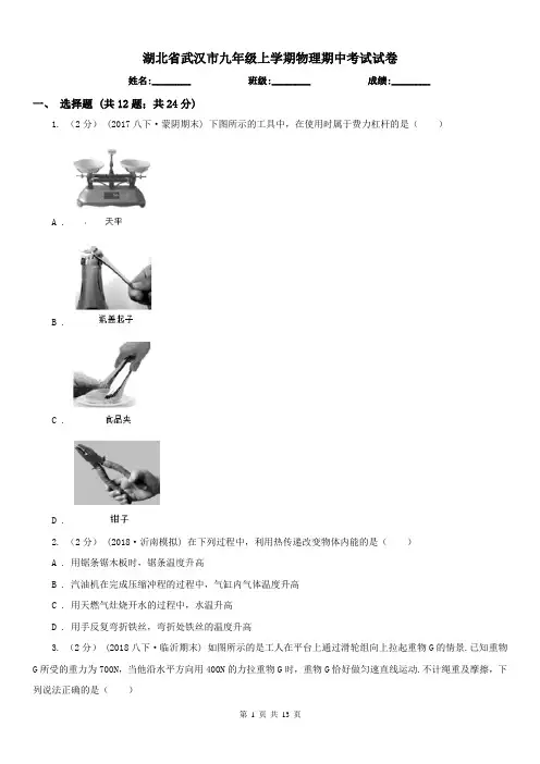 湖北省武汉市九年级上学期物理期中考试试卷