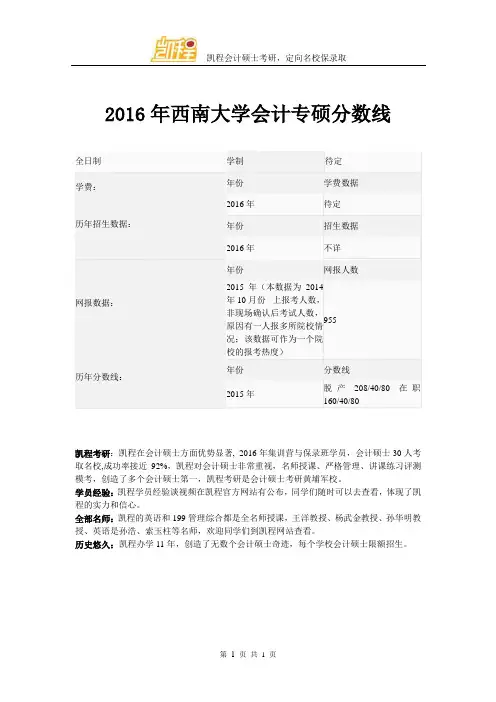 2016年西南大学会计专硕分数线